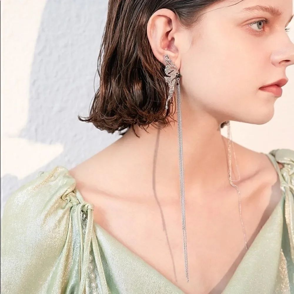 New 925 Silver Post  Asymmetric Butterfly Wing Long Tassel Earrings
